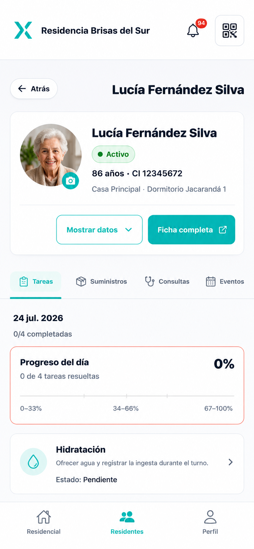 App GetriX — ficha de residente en el celular